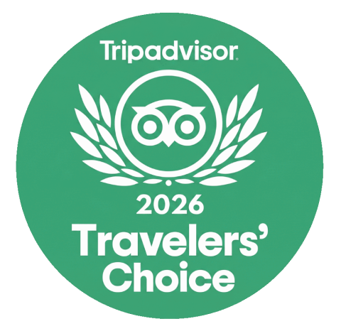 Green circle with TripAdvisor 2026 Travelers' Choice logo.