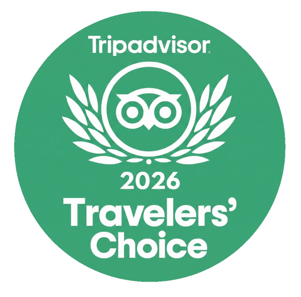 Green circle with TripAdvisor 2026 Travelers' Choice logo.